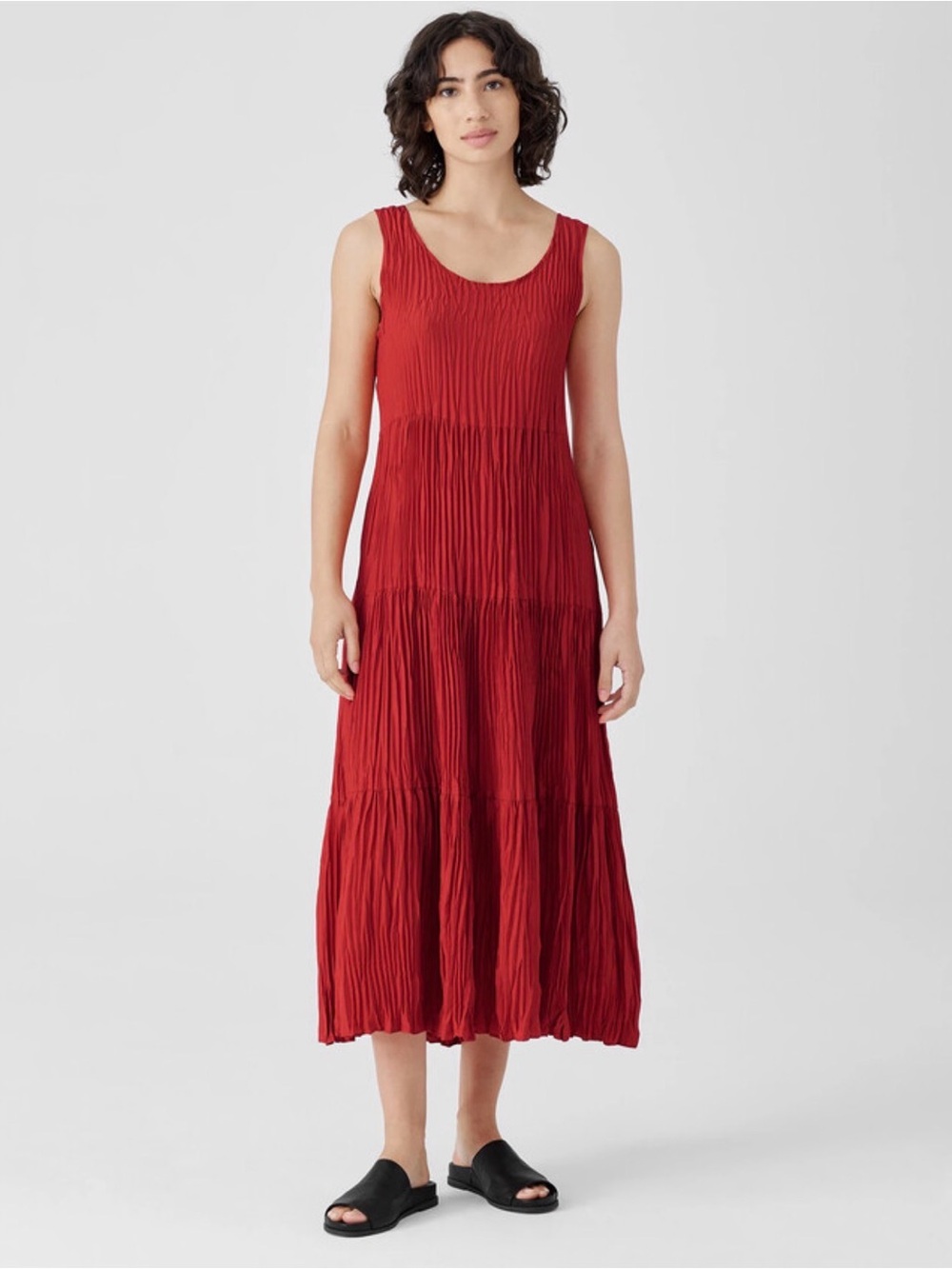 Eileen Fisher “flame” color burnt sienna Crushed Silk Tiered Dress M $378